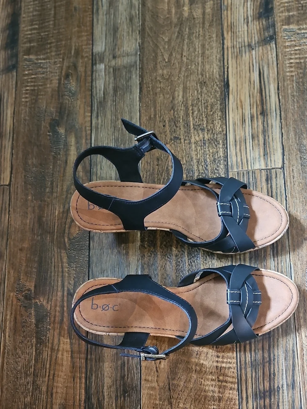 b.o.c Black‎ Leather Women's Cork Wedge Sandals - Ankle Strap Slingback